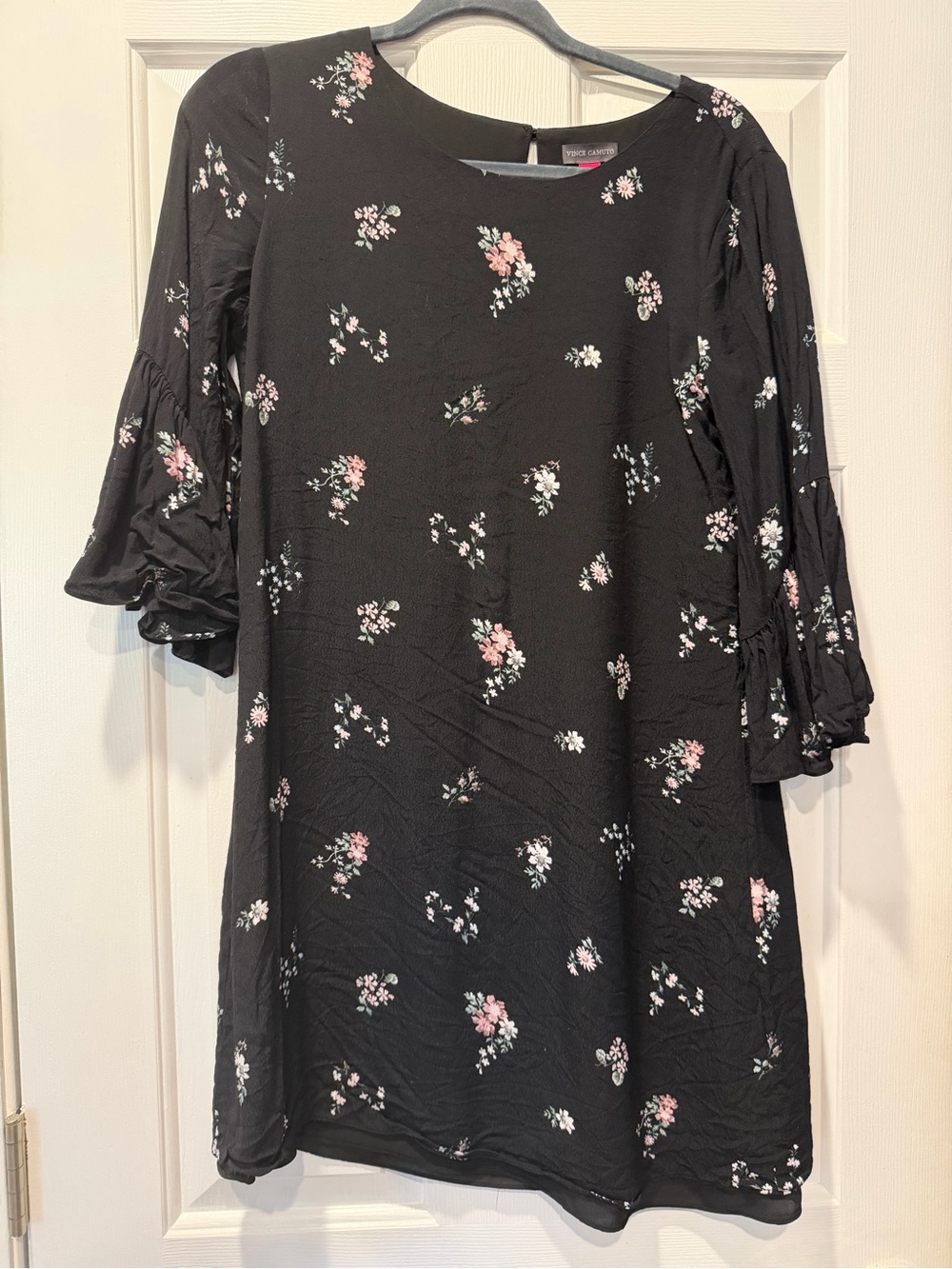 Vince Camuto Black Floral Shift Dress with Pink and White Blooms